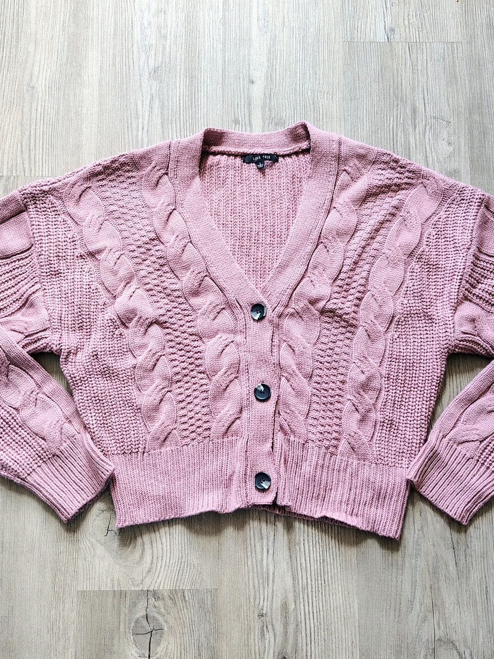 Love Tree Women's Cable Knit Cropped Button Chunky Cardigan Mauve Pink Size L